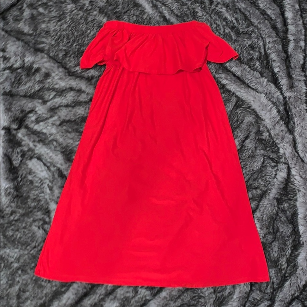 Red off the shoulder ruffle top dress